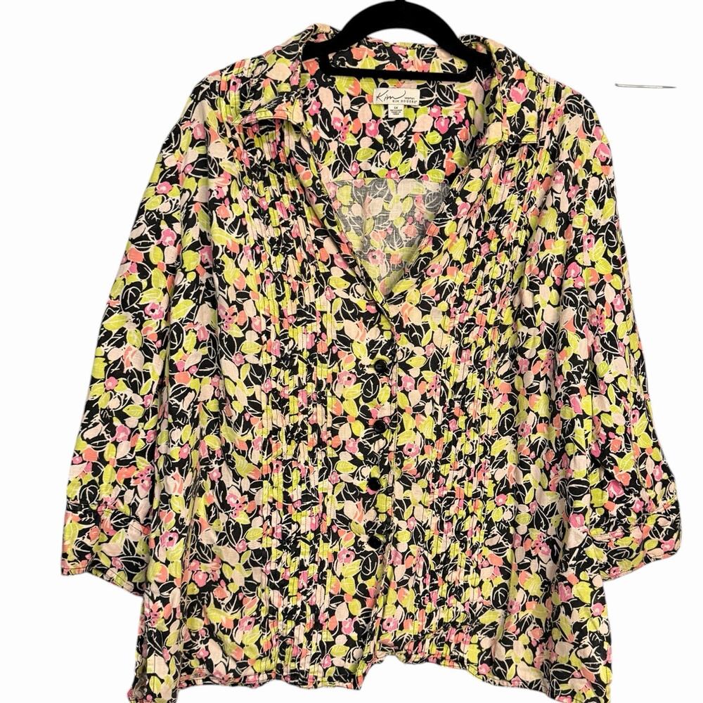 Kim Rogers Linen Floral Print Button Up Blouse Women 1X Multicolor Summer Spring